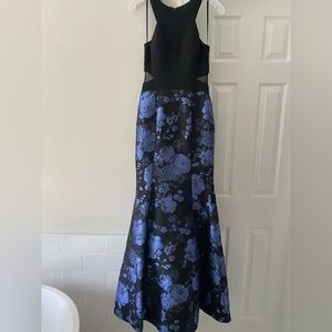 Mermaid silhouette style dress/gown - black and blue floral